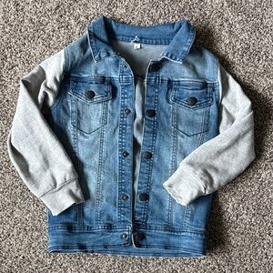 Kids Blue Denim Jacket with Gray Knit Sleeves